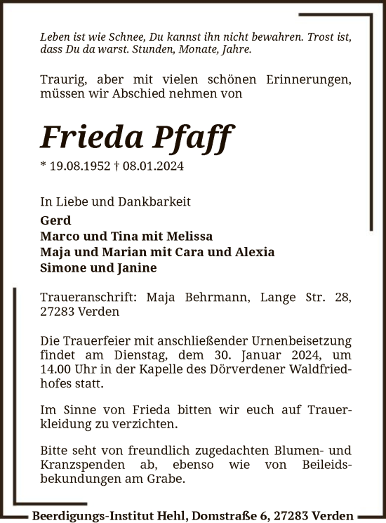 Todesanzeige von Frieda Pfaff von SYK