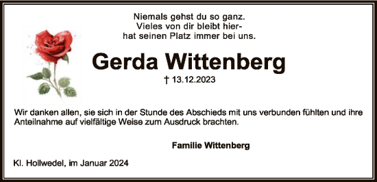 Todesanzeige von Gerda Wittenberg von SYK