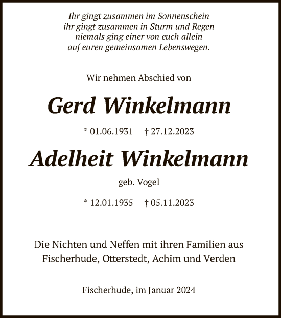 Todesanzeige von Gerd und Adelheid Winkelmann von SYK