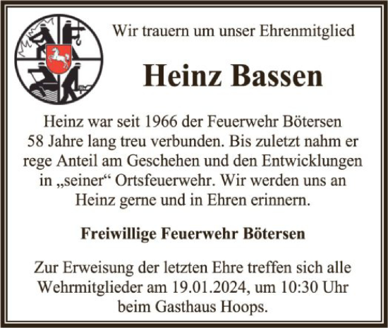 Todesanzeige von Heinz Bassen von SYK