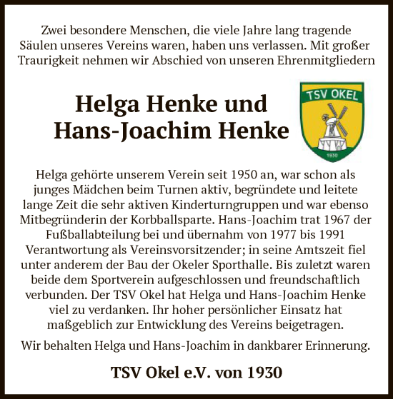 Todesanzeige von Helga und Hans-Joachim Henke von SYK