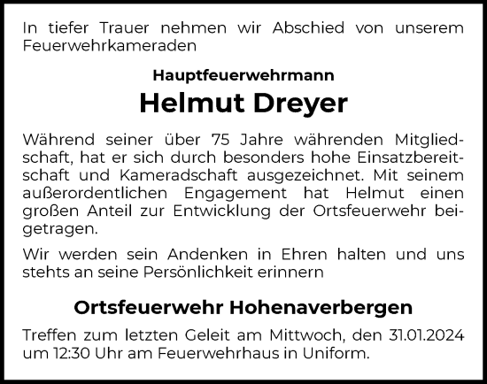 Todesanzeige von Helmut Dreyer von SYK