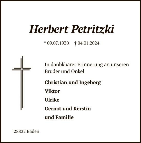 Todesanzeige von Herbert Petritzki von SYK