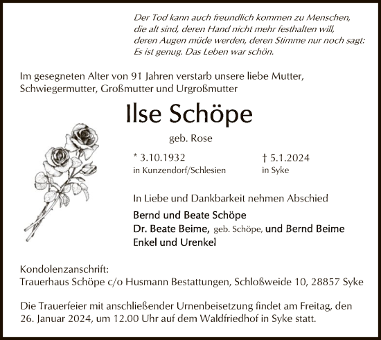 Todesanzeige von Ilse Schöpe von SYK