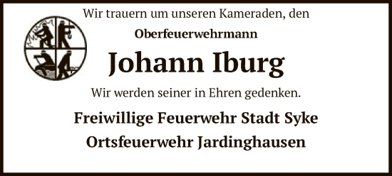 Todesanzeige von Johann Iburg von SYK