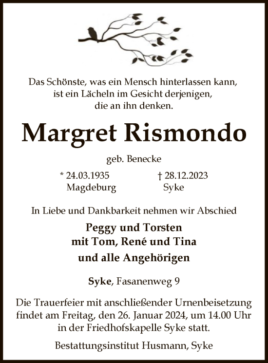 Todesanzeige von Margret Rismondo von SYK