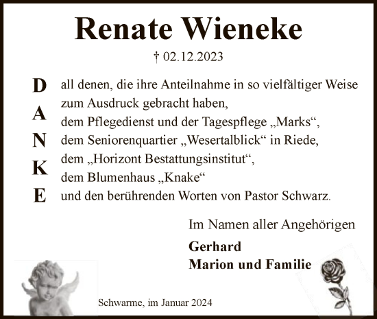 Todesanzeige von Renate Wieneke von SYK