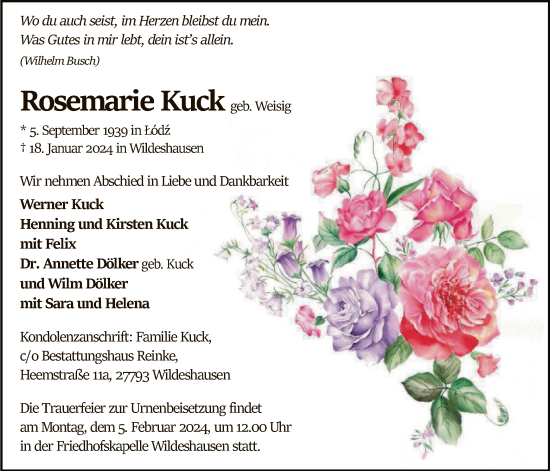 Todesanzeige von Rosemarie Kuck von SYK