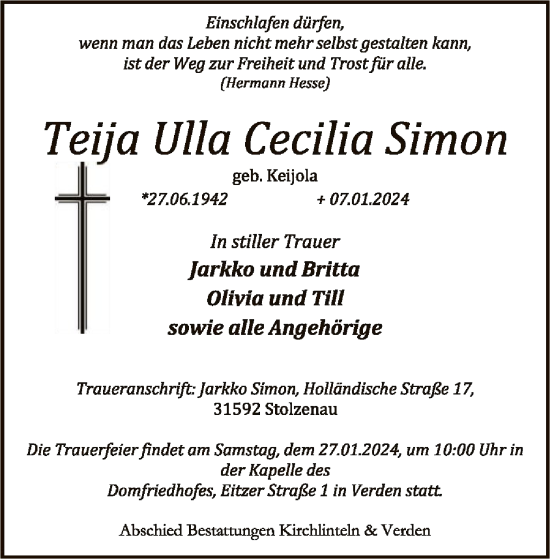 Todesanzeige von Teija Ulla Cecilia Simon von SYK