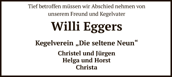 Todesanzeige von Willi Eggers von SYK