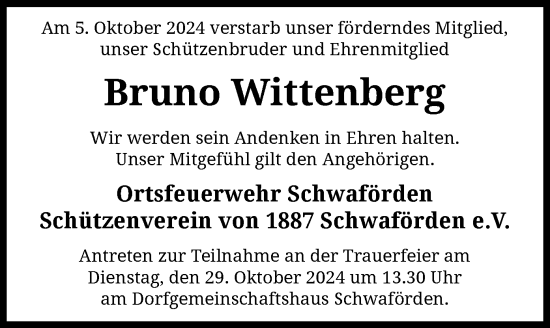 Todesanzeige von Bruno Wittenberg von SYK