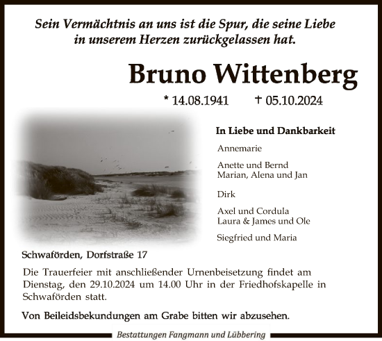 Todesanzeige von Bruno Wittenberg von SYK