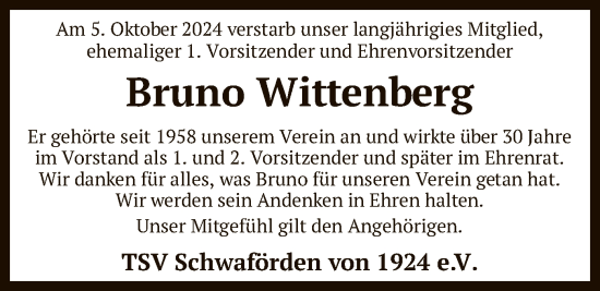 Todesanzeige von Bruno Wittenberg von SYK