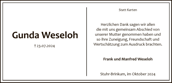 Todesanzeige von Gunda Weseloh von SYK