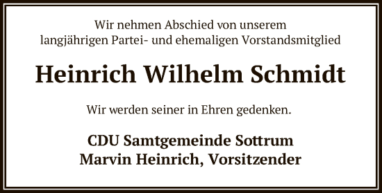 Todesanzeige von Heinrich Wilhelm Schmidt von SYK