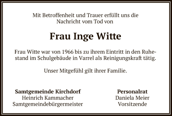 Todesanzeige von Inge Witte von SYK