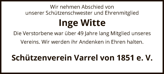 Todesanzeige von Inge Witte von SYK