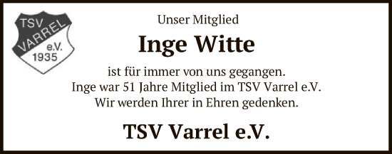 Todesanzeige von Inge Witte von SYK