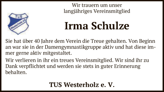 Todesanzeige von Irma Schulze von SYK