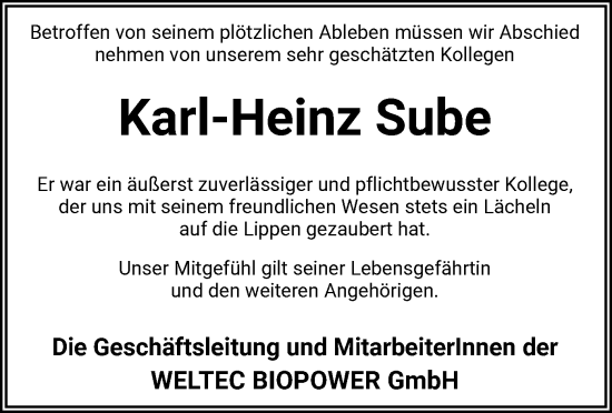 Todesanzeige von Karl-Heinz Sube von SYK