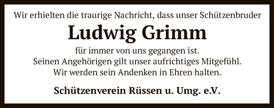 Todesanzeige von Ludwig Grimm von SYK