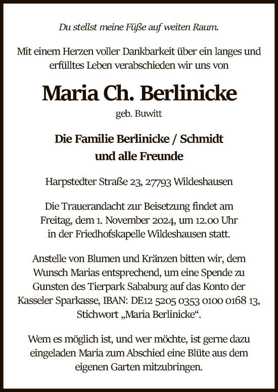 Todesanzeige von Maria Ch. Berlinicke von SYK