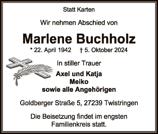 Todesanzeige von Marlene Buchholz von SYK