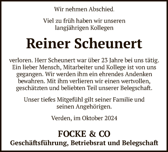 Todesanzeige von Reiner Scheunert von SYK