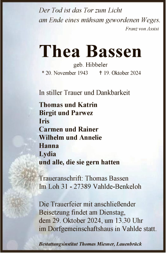Todesanzeige von Thea Bassen von SYK