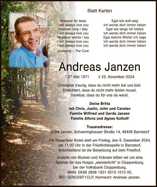 Todesanzeige von Andreas Janzen von SYK