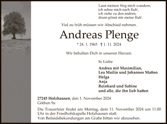 Todesanzeige von Andreas Plenge von SYK