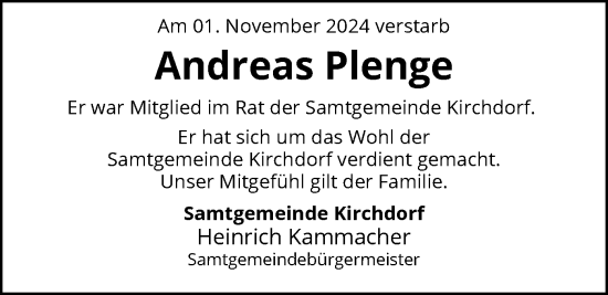 Todesanzeige von Andreas Plenge von SYK
