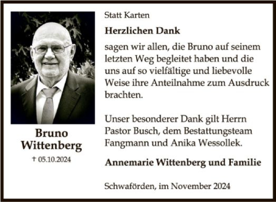 Todesanzeige von Bruno Wittenberg von SYK