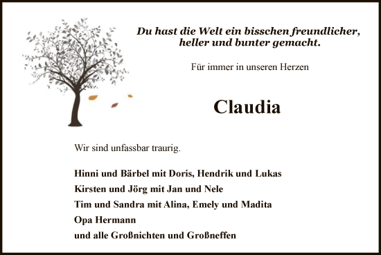 Todesanzeige von Claudia  von SYK