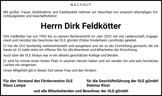 Todesanzeige von Dirk Feldkötter von SYK