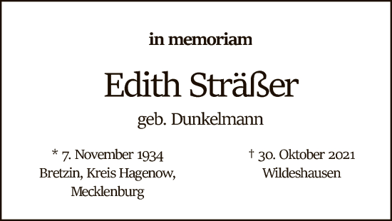 Todesanzeige von Edith Sträßer von SYK