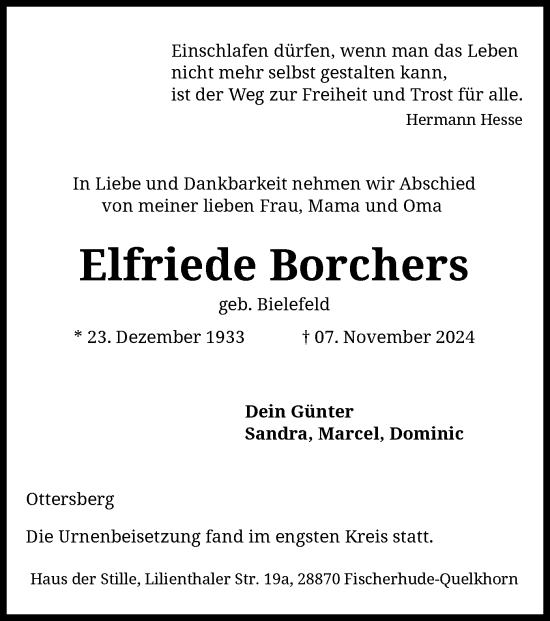 Todesanzeige von Elfriede Borchers von SYK