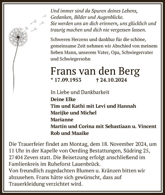 Todesanzeige von Frans van den Berg von SYK