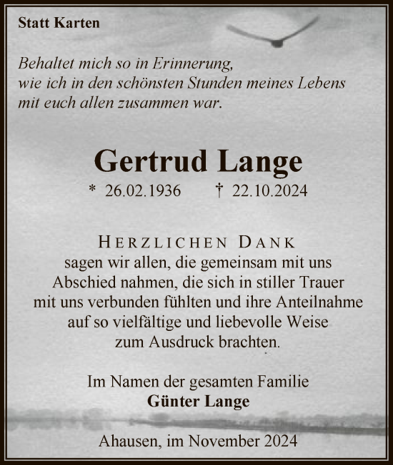 Todesanzeige von Gertrud Lange von SYK