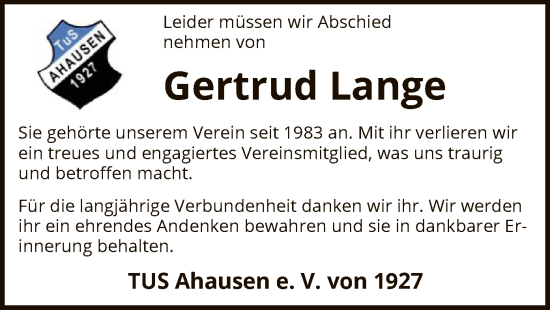Todesanzeige von Gertrud Lange von SYK