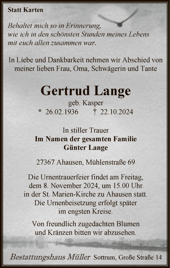 Todesanzeige von Gertrud Lange von SYK