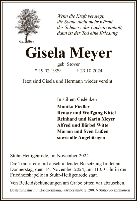 Todesanzeige von Gisela Meyer von SYK