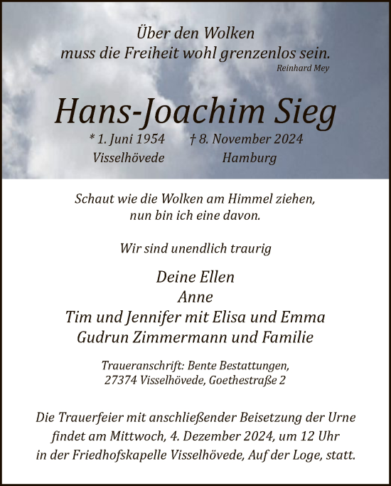 Todesanzeige von Hans-Joachim Sieg von SYK