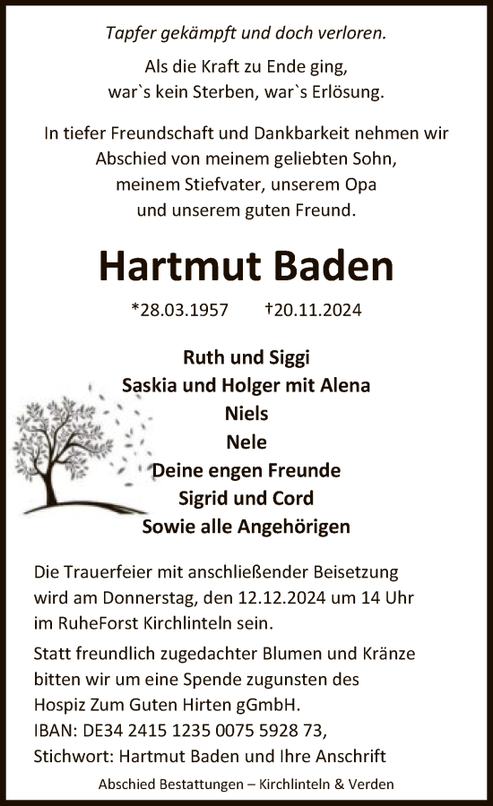 Todesanzeige von Hartmut Baden von SYK