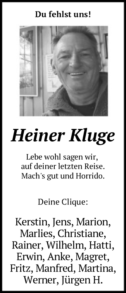 Todesanzeige von Heiner Kluge von SYK