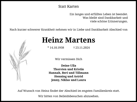 Todesanzeige von Heinz Martens von SYK