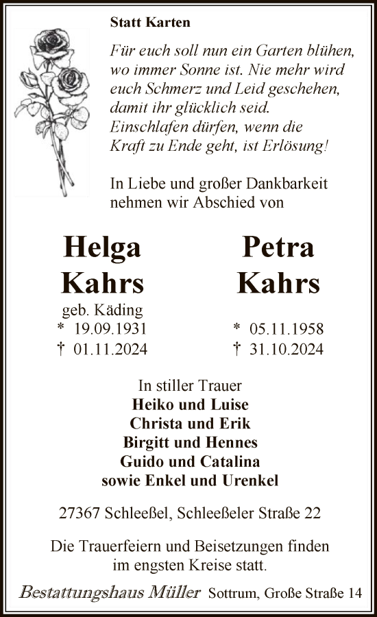 Todesanzeige von Helga und Petra Kahrs  von SYK