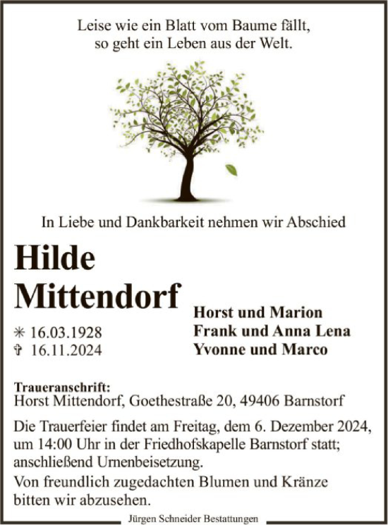 Todesanzeige von Hilde Mittendorf von SYK