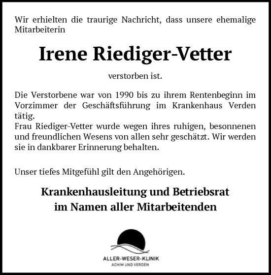 Todesanzeige von Irene Riediger-Vetter von SYK