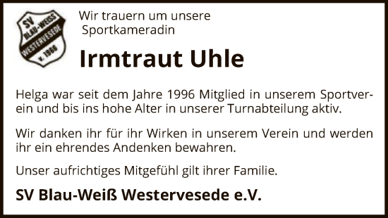 Todesanzeige von Irmtraut Uhle von SYK
